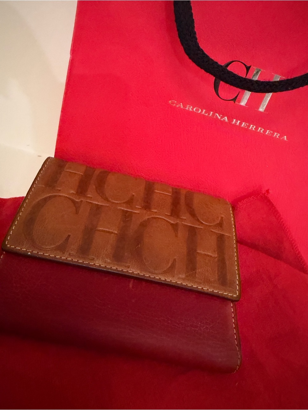 Carolina Herrera Brown Embossed CH Leather Card Holder